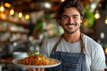 A handsome young chef with a joyful smile confidently presents a freshly prepared, colorful dish, while wearing a denim apron in the inviting and warmly lit ambiance of a contemporary restaurant. - obrazy, fototapety, plakaty