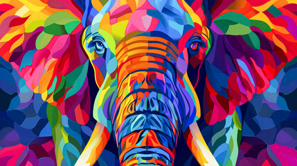 Fototapeta na wymiar A colorful elephant with a rainbow pattern on its face. The elephant is painted in a way that it looks like it is looking at the camera