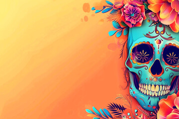 Skull with makeup, Catarina's calavera on the Day of the Dead. Orange-yellow background with skull, flowers and copy space for text