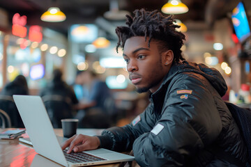 A young man with distinctive dreadlocks is deep into his laptop while sitting in a busy coffee shop. Online student training in a public place - obrazy, fototapety, plakaty