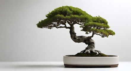bonsai Tree in a special pot, isolated on a white background, banner, copy space, against a white wall

