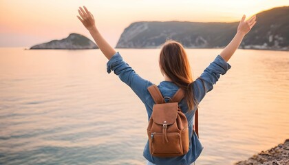 Confident Woman With Backpack With Arms Up Relaxin