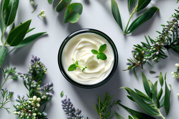 Background with natural cosmetic skin care cream with beautiful smooth texture, with leaves, herbs....