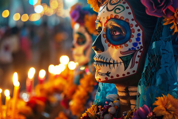 Celebrating Day of the Dead. Close-up portrait of a woman wearing Calavera Catarina makeup at the El Dia de Muertos celebration. In background there is evening landscape, burning candles and lights - obrazy, fototapety, plakaty