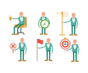 bald man characters set in various poses illustration