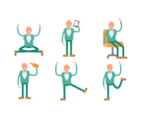 bald man characters set in various poses illustration