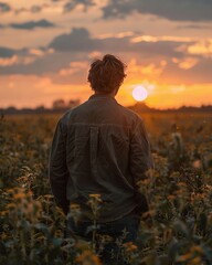 Rear View of Man in Agriculture Field at Sunset

