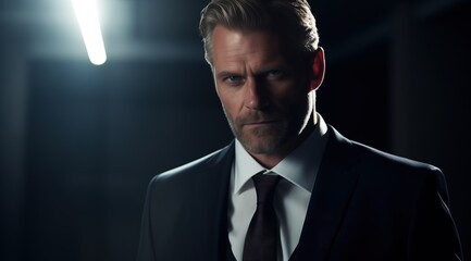 Cinematic still of the character The Right Man in a black suit and tie