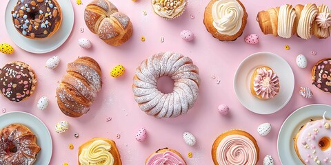 Easter-Themed Pastries and Desserts Flat Lay with Central Empty Space

