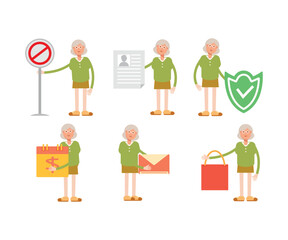 grandma or old woman character in various poses vector illustration