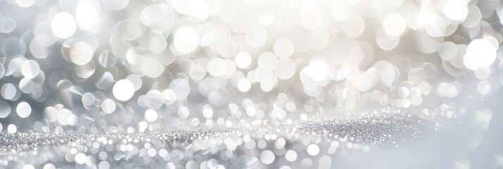 white and silver glitter background with space for text, white and grey glitter bokeh . white bokeh blur circle variety Dreamy soft focus wallpaper backdrop,Christmas snow or anniversary banner - obrazy, fototapety, plakaty