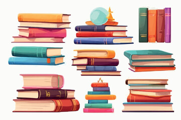 Book stack and single, closed and open in cartoon vector illustration set. Tall and small pile of literature with paper pages, colorful hardcover and bookmarks for education and reading concept.
 - obrazy, fototapety, plakaty