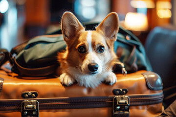 Corgi lies on a bag and accompanies the owner on a trip. The dog is waiting to go on vacation - obrazy, fototapety, plakaty