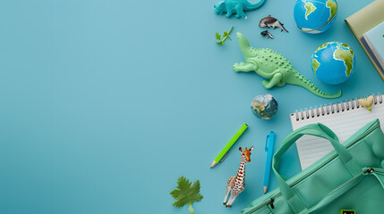 Green backpack, notebooks and dinosaur toys on blue background. Back to school concept.A Journey of...