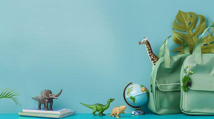 Green backpack, notebooks and dinosaur toys on blue background. Back to school concept.A Journey of Exploration: Earth and Wildlife