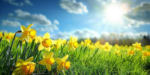yellow daffodils in the grass with blue sky and sunlight background, yellow flower in field, banner 