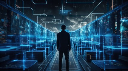 An IT specialist monitors the performance of network database servers running in the data center. Web hosting, cloud computing.