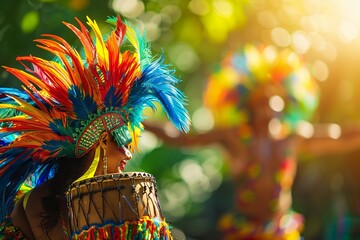 Brazilian Carnival Theme with Dancers, Samba Drums, and Christ the Redeemer with Copy Space  