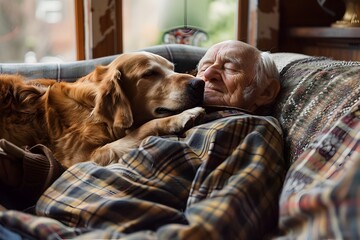 A Senior Mans Comforting Peace Sleeping on the Couch with His Beloved Golden Retriever