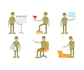 soldier characters in various poses vector set