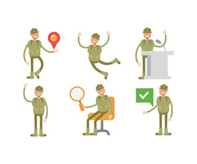 soldier characters in various poses vector set