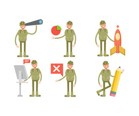 soldier characters in various poses vector set