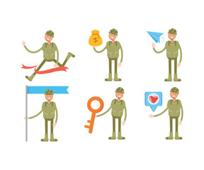 soldier characters in various poses vector set