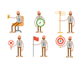 bald businessman in various poses character set illustration