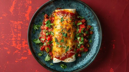 Minimalist Top-View Red Enchilada on Dark Blue Plate

