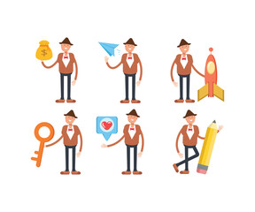 man in bowtie suit characters in different poses illustration