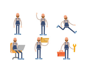 bald man barista character in various poses vector illustration