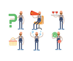 bald man barista character in various poses vector illustration