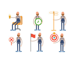 bald man barista character in various poses vector illustration
