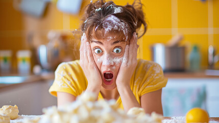 Shocked woman with dough in kitchen