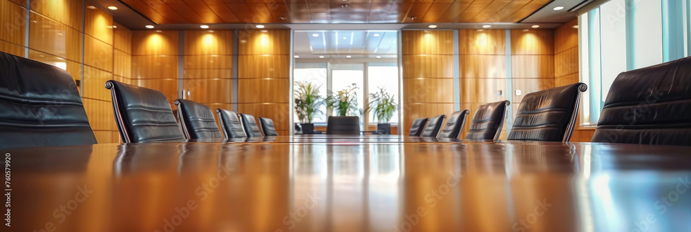 Wall mural empty conference table  in  office room with wood paneled walls and minimalist decor. empty meeting  room in modern office . banner - Wall murals