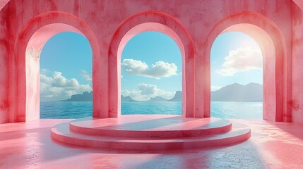 3d Render, Abstract Surreal pastel landscape background with arches and podium for showing product, panoramic view, Colorful dune scene with copy space, blue sky and cloudy, Minimalist decor design - obrazy, fototapety, plakaty