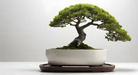 Fotobehang bonsai Tree in a special pot, isolated on a white background, banner, copy space, against a white wall  © TJ_Designs