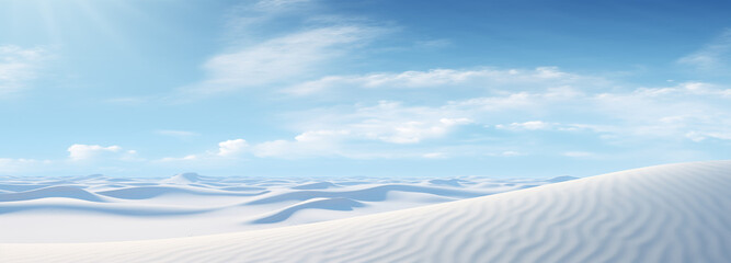 View of the Desert with Clean White Sand and Blue Sky. Offers a Serene and Vast Landscape, Perfect for Nature Conservation Campaigns, Travel Brochures, or Inspirational Posters