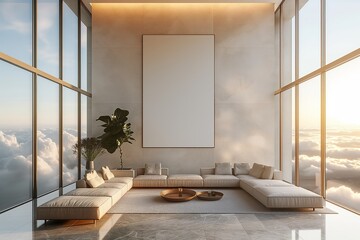 Luxurious living room in penthouse setting, featuring modern, minimalistic sofa arrangement, large blank canvas on wall, and breathtaking view of clouds through towering floor-to-ceiling windows - obrazy, fototapety, plakaty