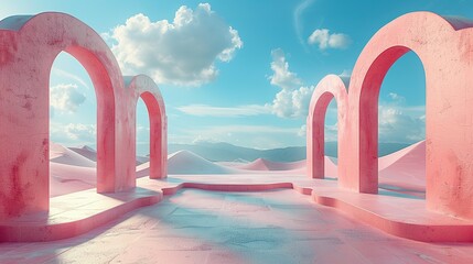 Obraz na płótnie Canvas 3d Render, Abstract Surreal pastel landscape background with arches and podium for showing product, panoramic view, Colorful dune scene with copy space, blue sky and cloudy, Minimalist decor design