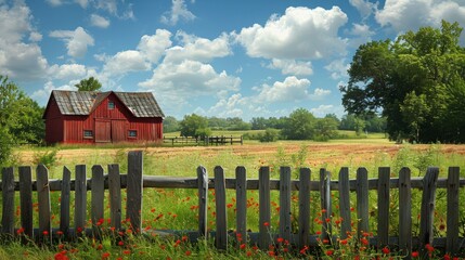 Red Barn and Wooden Fence in Field