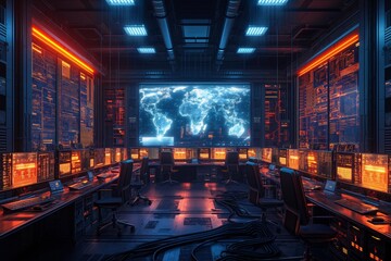 State-of-the-art cyber security operations center, featuring rows of glowing orange servers, large digital world map on main screen. Room is equipped with multiple workstations, ambient blue lighting - obrazy, fototapety, plakaty