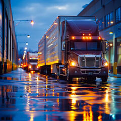 Semi Trailer Trucks on The Parking Lot. Trucks Loading at Dock Warehouse.