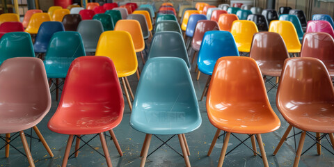 empty rows of chairs in a conference hall,empty colorful chairs arranged in rows. banner