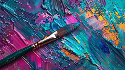 Paintbrush on colorful oil paint