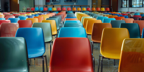 empty rows of chairs in a conference hall,empty colorful chairs arranged in rows. banner