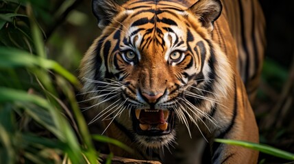 Jungle tigress showing fierce attitude closeup - obrazy, fototapety, plakaty