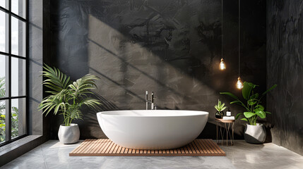 A large white bathtub sits in a bathroom with a black wall and a window. The room is decorated with plants and a wooden floor. Scene is calm and relaxing, as the bathtub is the main focus - obrazy, fototapety, plakaty