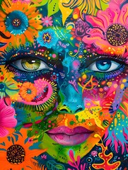 Vibrant Psychedelic Art Intricate Flower-Adorned Eyes and Lips in a Whimsical Fantasy