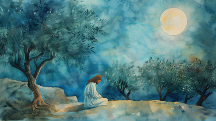 A watercolor painting of Jesus praying in the Garden of Gethsemane, surrounded by olive trees and bathed in moonlight. - obrazy, fototapety, plakaty